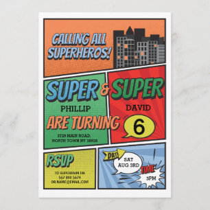 Twin Boy's Superhero Invitation Party Invite