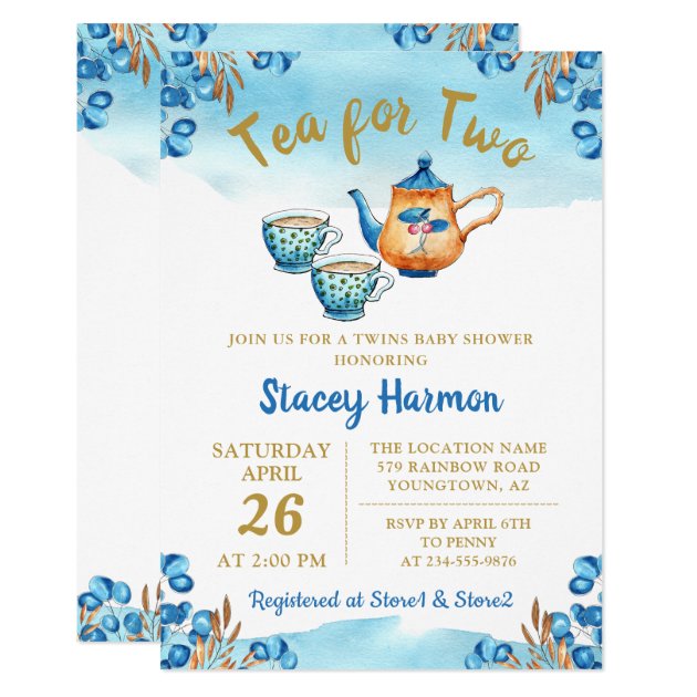 Twin Boys Tea Party Blue Watercolor Baby Shower Invitation