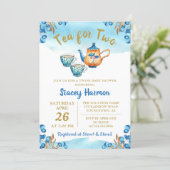 Twin Boys Tea Party Blue Watercolor Baby Shower Invitation (Standing Front)