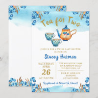 Twin Boys Tea Party Blue Watercolor Baby Shower Invitation