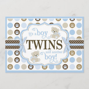 Twin Boys Teddy Bear Baby Shower Blue Invitation