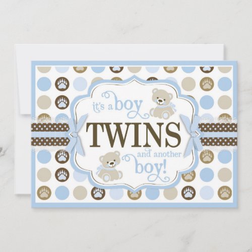 Twin Boys Teddy Bear Baby Shower Blue Invitation