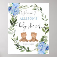 Twin boys teddy bear baby shower welcome sign