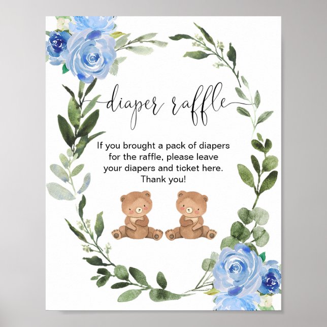 Twin boys teddy bear diaper raffle sign (Front)