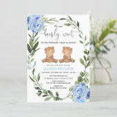 Twin boys teddy bear green blue floral baby shower invitation (Standing Front)