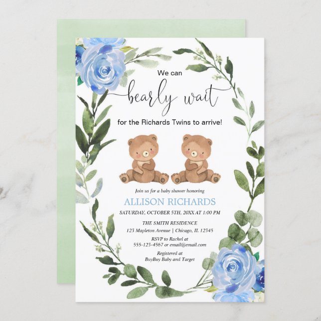 Twin boys teddy bear green blue floral baby shower invitation (Front/Back)