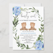 Twin boys teddy bear green blue floral baby shower invitation (Front)