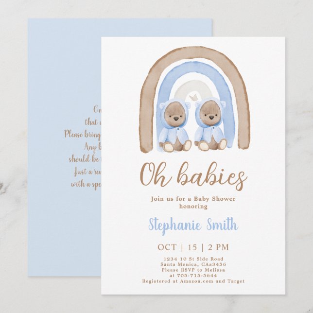 Twin Boys Teddy bear Rainbow Baby Shower Invitation (Front/Back)