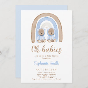 Twin Boys Teddy bear Rainbow Baby Shower Invitation