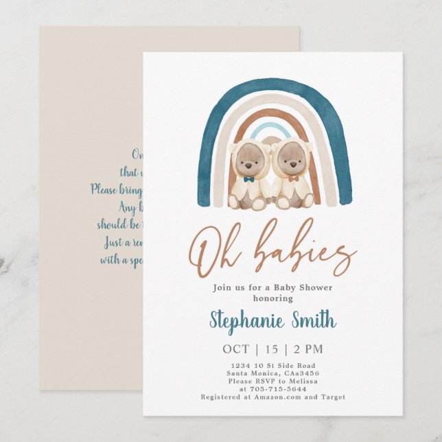 Twin Boys Teddy Bear Rainbow Baby Shower Invitation (Front/Back)