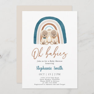 Twin Boys Teddy Bear Rainbow Baby Shower Invitation