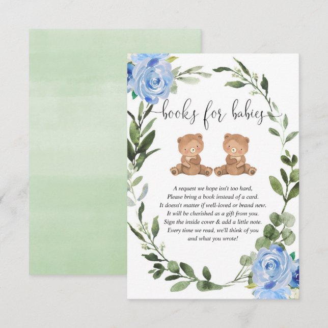 Twin boys teddy bears greenery blue books for baby enclosure card (Front/Back)