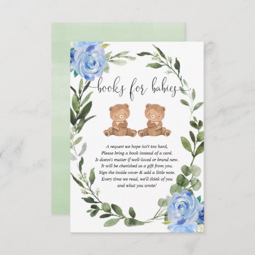 Twin boys teddy bears greenery blue books for baby enclosure card