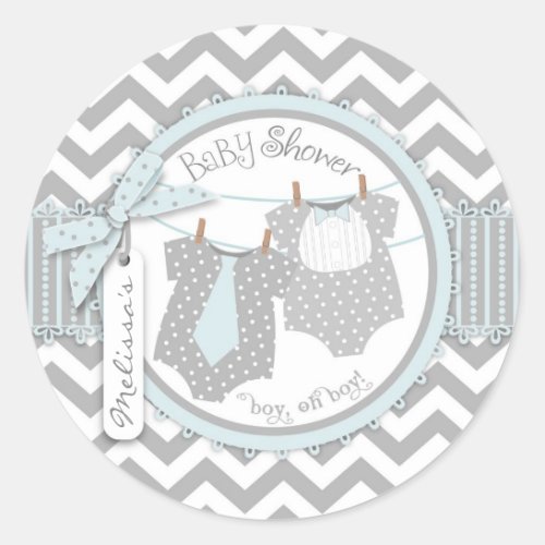 Twin Boys Tie Bow Tie Chevron Print Baby Shower Classic Round Sticker