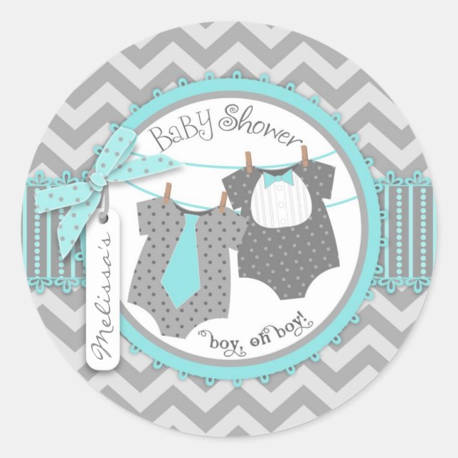 Twin Boys Tie Bow Tie Chevron Print Baby Shower Classic Round Sticker (Front)