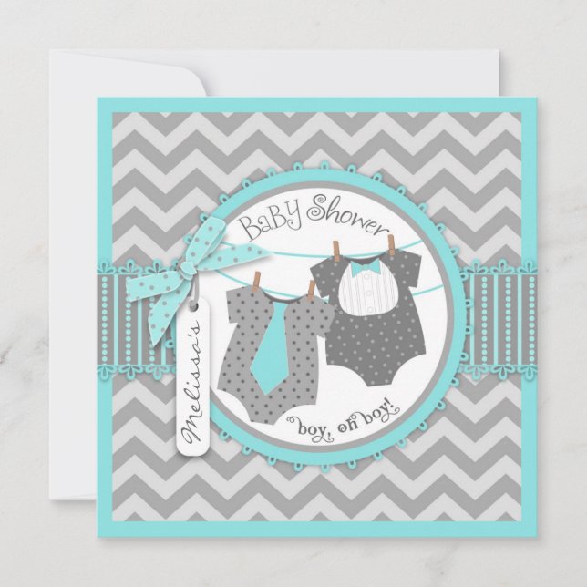 Twin Boys Tie Bow Tie Chevron Print Baby Shower Invitation (Front)