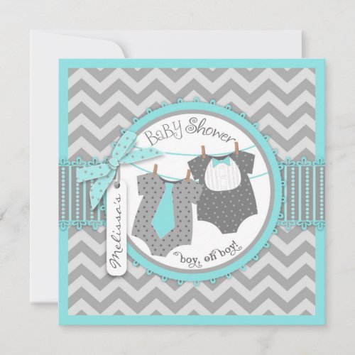Tie, Bow-tie, &amp; Chevron Print Twins Baby Shower Personalized Invite