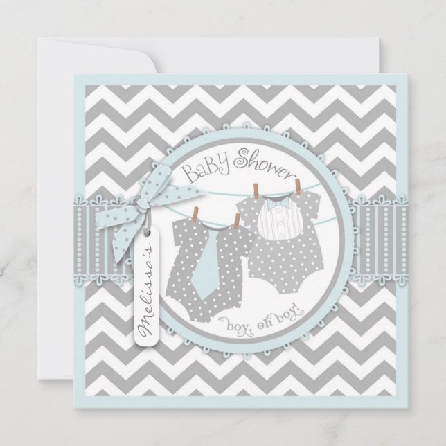 Twin Boys Tie Bow Tie Chevron Print Baby Shower Invitation (Front)