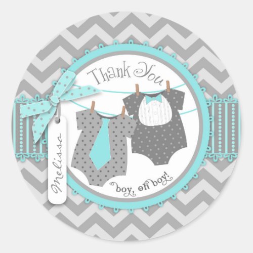 Twin Boys Tie Bow Tie Chevron Print Thank You Classic Round Sticker