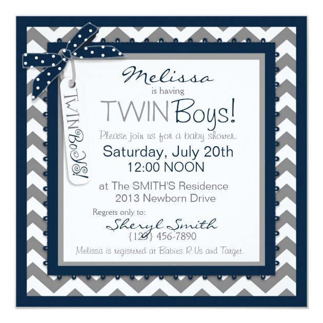 Twin Boys Ties Chevron Print Baby Shower Invitation