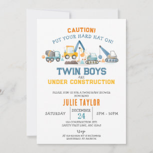 Twin Boys under Construction, Digger Baby Shower Invitation