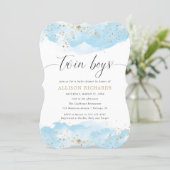 Twin boys watercolor baby blue gold glitter shower invitation (Standing Front)