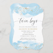 Twin boys watercolor baby blue gold glitter shower invitation (Front/Back)