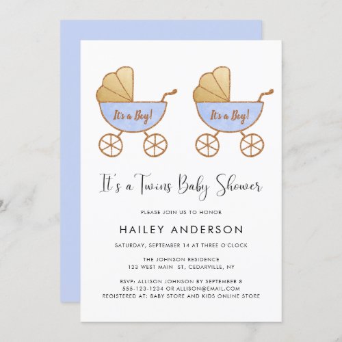 Twin Boys Watercolor Carriage Baby Shower Invitation