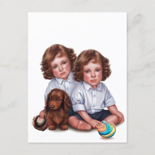 Twin boys with pet Dachshund Postcard