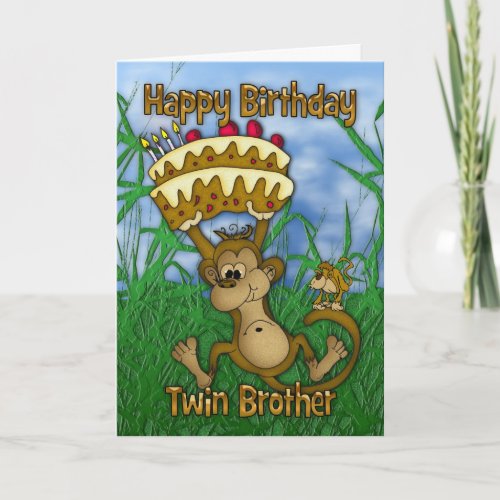 Twin Brother Happy Birthday with monkey holding ca Card