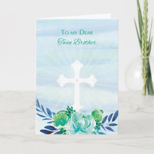 Twin Brother Teal Blue Flowers with Cross Easter Holiday Card