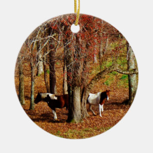 Twin Brown and White Horses Ceramic Ornament