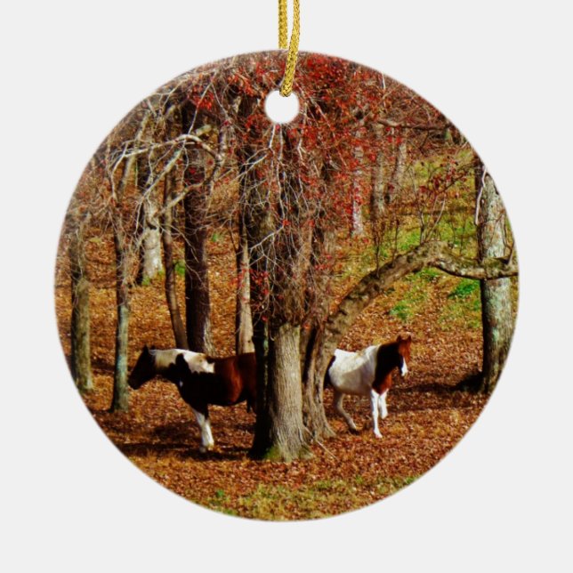 Twin Brown and White Horses Ceramic Ornament (Front)