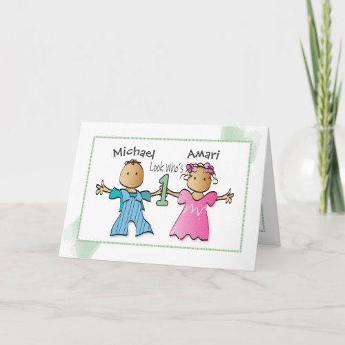 Twin Brown Girl and Boy Personalized 1st Birthday Card