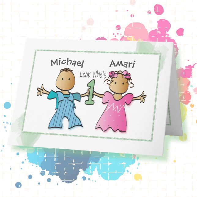 Twin Brown Girl and Boy Personalized 1st Birthday Card (Creator Uploaded)