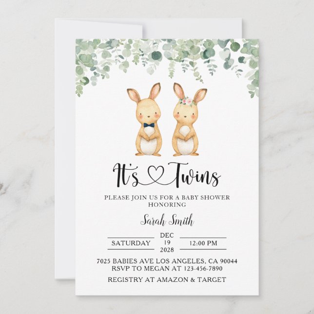 Twin Bunnies Baby Shower Invitations (Front)
