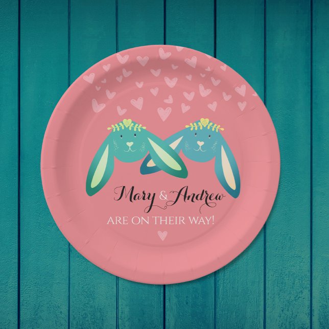 Twin Bunnies Baby Shower On Pastel Pink Party Paper Plates (Creator Uploaded)