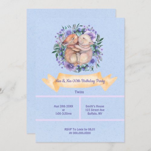 Twin Bunnies Purple Floral Birthday Party Invites