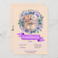 Twin Bunnies Purple Floral Birthday Party Invites