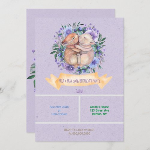 Twin Bunnies Purple Floral Birthday Party Invites