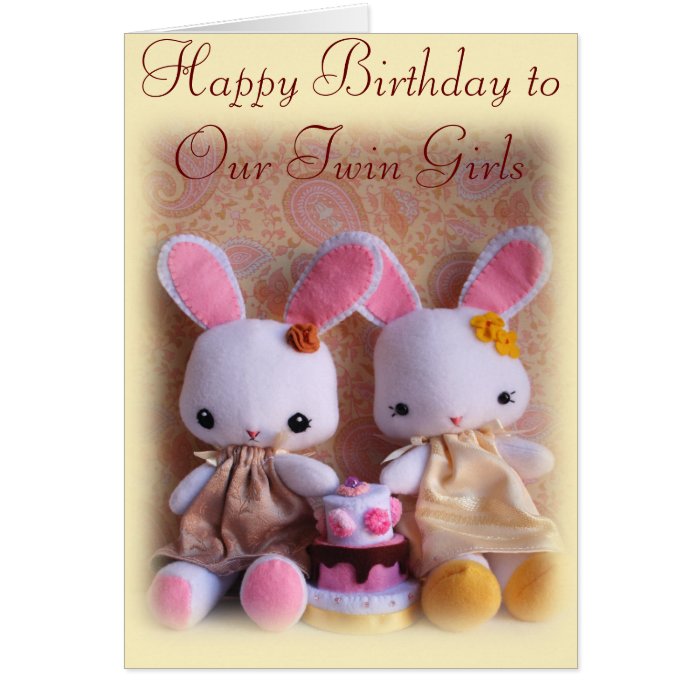 Twin Bunnies with Cake Happy Birthday Card