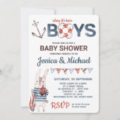 Twin Bunny Ahoy It's A Boy Nautical Baby Shower Invitation (Front)