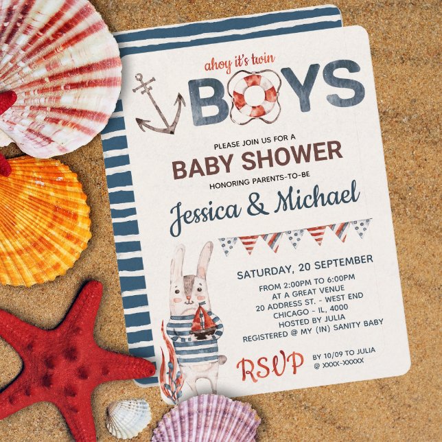 Twin Bunny Ahoy It's A Boy Nautical Baby Shower Invitation