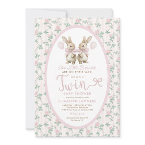Twin Bunny Pink Roses Girl Baby Shower Invitation