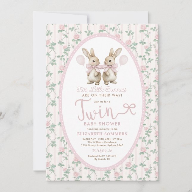 Twin Bunny Pink Roses Girl Baby Shower Invitation (Front)
