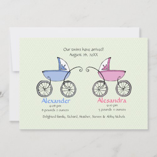 Twin Carriages Baby Birth Announcement