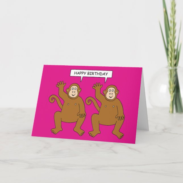 Twin Cartoon Monkeys Saying Happy Birthday Card (Front)