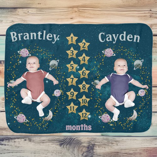 Twin Celestial Space  Stars Milestone Baby Blanket