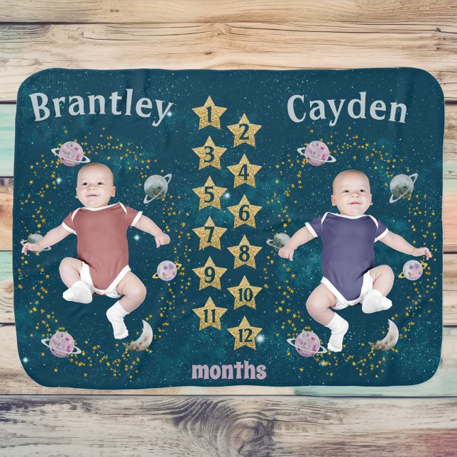 Twin Celestial Space & Stars Milestone Baby Blanket (Teal celestial stars twin baby monthly milestone blanket)