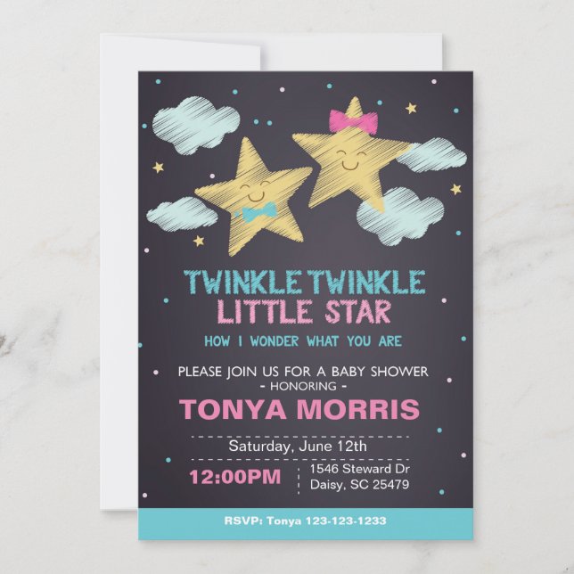 Twin Chalkboard Little Star Baby Shower Invite (Front)